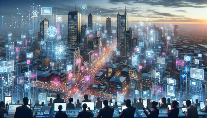 South African cityscape showcasing digital growth with vibrant networks and mobile devices.