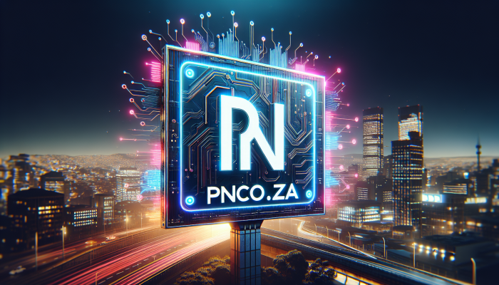 "pn.co.za logo glowing on a digital billboard in Johannesburg's night cityscape."