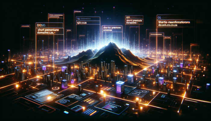 Digital South African landscape with glowing short domains like qso.co.za, representing business growth.