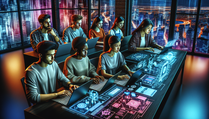 Diverse students in a digital classroom using laptops for vibrant online courses on rqm.co.za, showcasing e-learning.