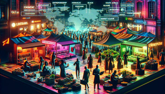 "Vibrant marketplace with diverse entrepreneurs and sustainable products under 'wna.co.za' sign in South Africa."