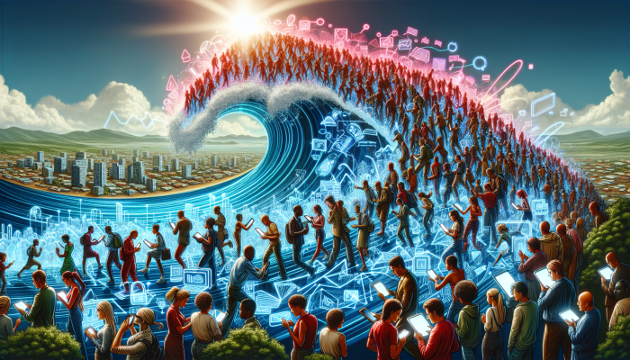 Digital wave over South Africa, glowing internet connections, tech-savvy people engaging online.