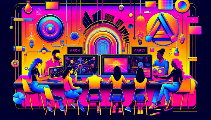 "arch.co.za website with vibrant artworks and professionals collaborating online."