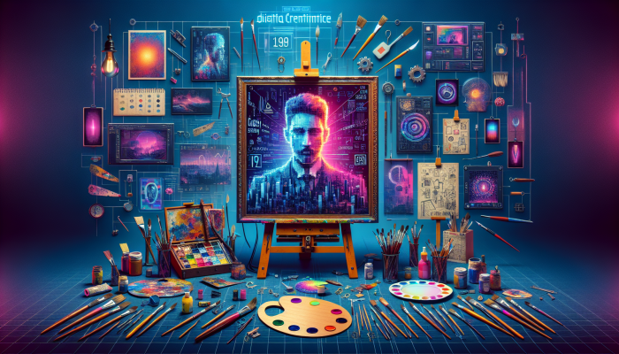 "Vibrant digital canvas with '19th' domain, surrounded by artistic tools, symbolizing creativity and branding."