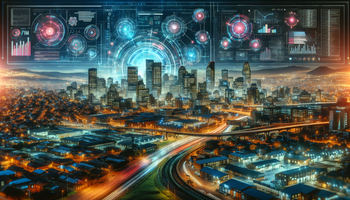 South African tech startup launching productivity app against Johannesburg skyline.