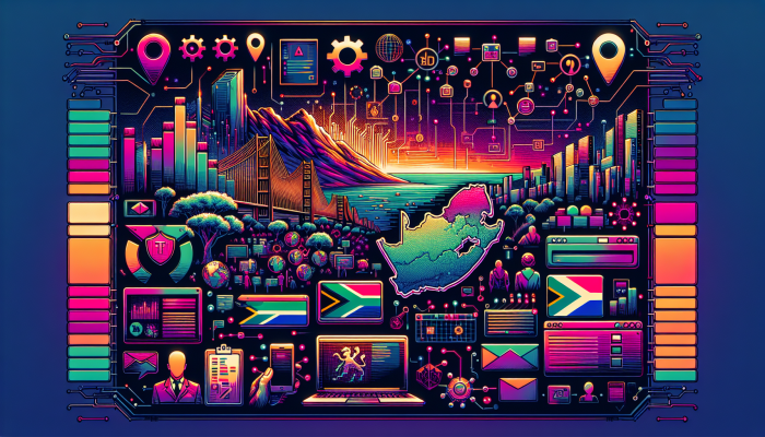 South African digital landscape with tech startups, internet users, and growth symbols.