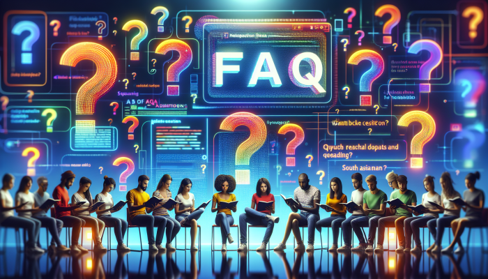 Colorful FAQ section with diverse people reading and discussing on a bright, modern background.