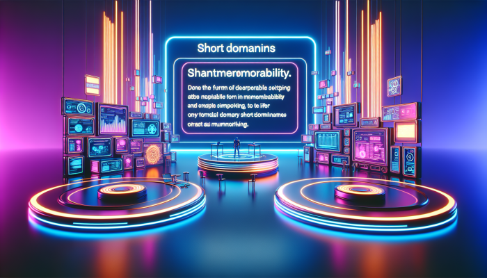 "Sleek design showcasing short domains with vibrant colors and concise text."