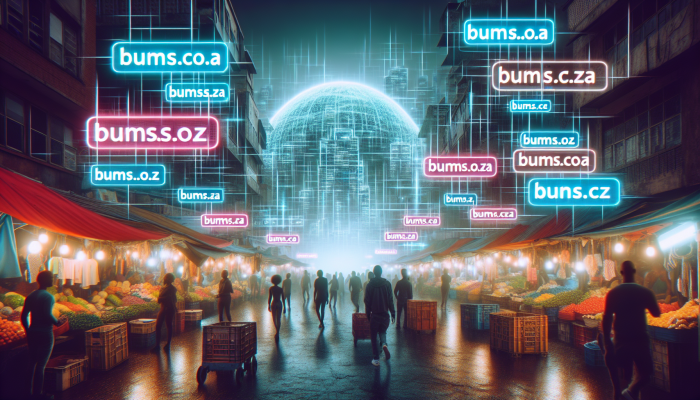 "Vibrant digital landscape with glowing short domain names in a South African market, symbolizing brand simplicity."