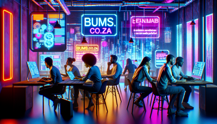 "Vibrant tech startup office with 'bums.co.za' sign, diverse team brainstorming social media platform."