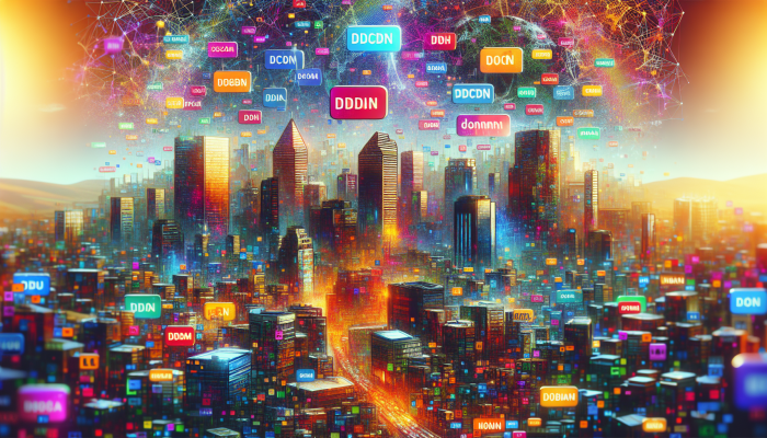 Vibrant internet growth in South Africa, mobile surge, colorful domain names over bustling cityscape.