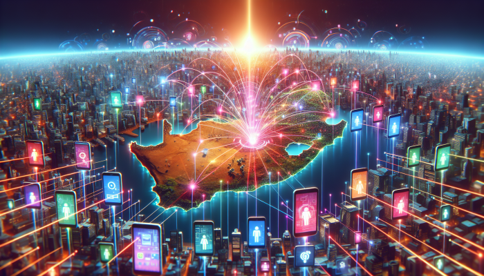 Digital South African landscape with smartphones driving innovation and online business growth.
