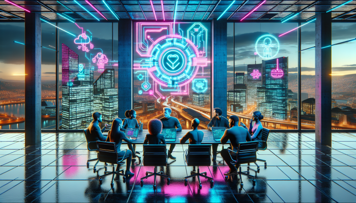 Futuristic office with .cigs logo, diverse team brainstorming, modern tech, South African cityscape view.