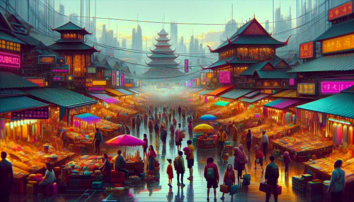 Vibrant Asian marketplace with artisan crafts, travel experiences, entrepreneurs, and consumers.