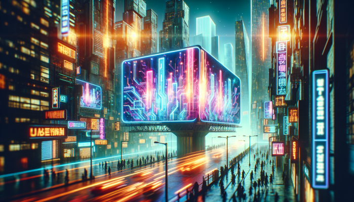 "Sleek domain name on glowing billboard in bustling cityscape enhances brand recognition."