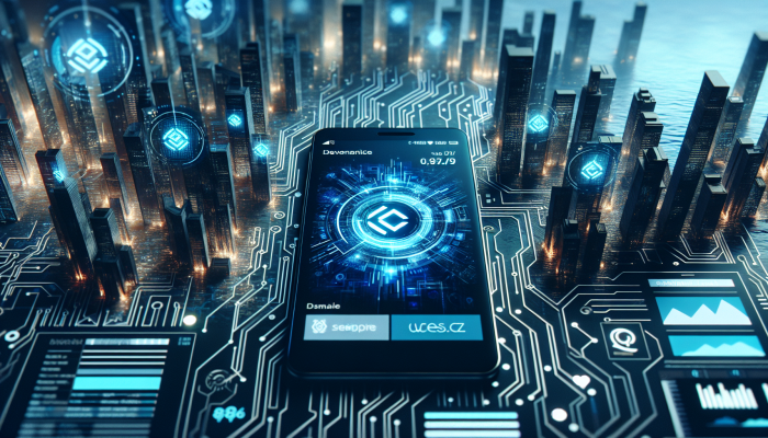 Modern financial logo on smartphone, cues.co.za, futuristic cityscape, digital circuits.