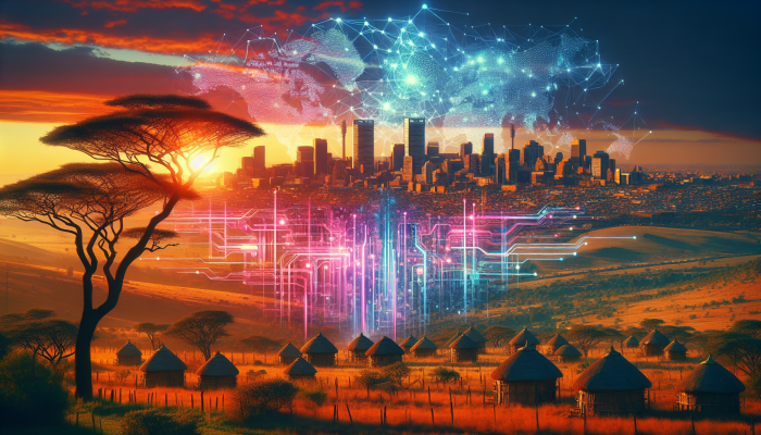 South African landscape with digital networks expanding from Johannesburg to rural areas, symbolizing digital economy growth.