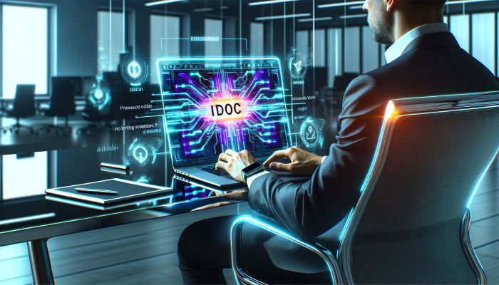 Digital investor launching e-commerce platform on laptop, 'idoc.co.za' displayed, modern office.