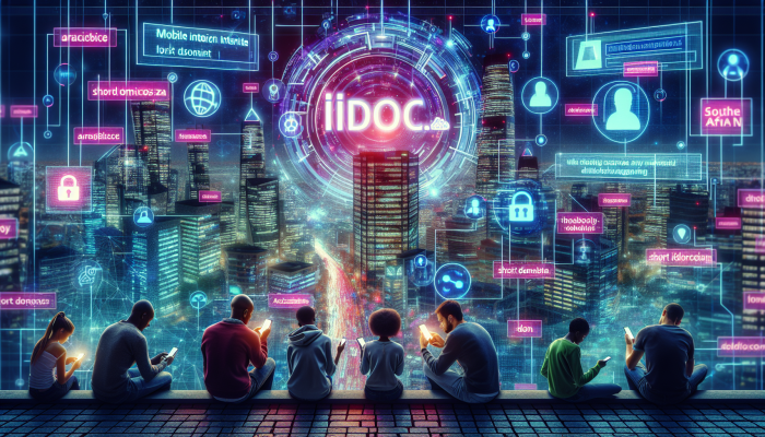 "South African cityscape with people using smartphones to access idoc.co.za, highlighting digital engagement."