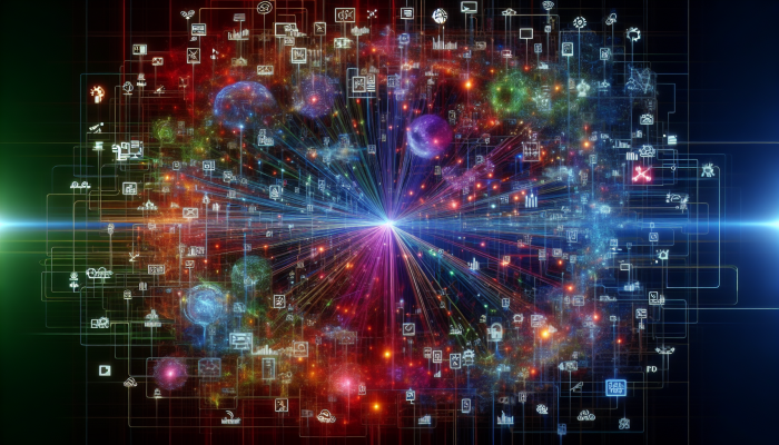 "Vibrant digital networks from diverse sectors diving into a luminous data sea."