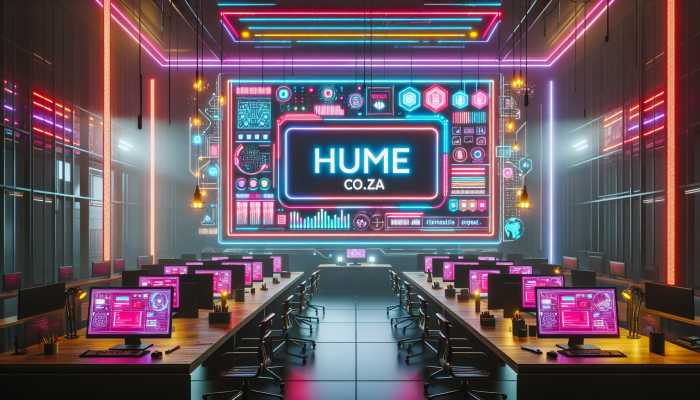 Modern office with "hume.co.za" displayed on screen, representing digital prominence in South Africa.