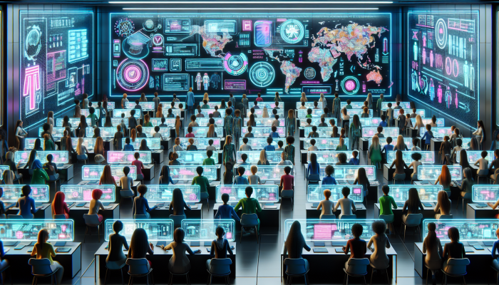 Diverse students in futuristic classroom using holographic screens for interactive language and technical learning.