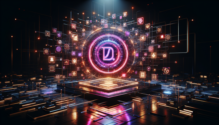 Modern digital brand logo glowing on a vibrant internet network.