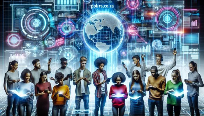 South African youth using digital devices, 'pour.co.za' on screens, highlighting internet growth.