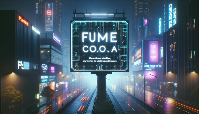 "fume.co.za" on a modern digital billboard at night in a bustling city, showcasing brand visibility.