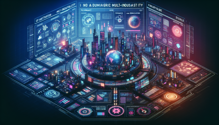 Futuristic hub with vibrant tech, finance, lifestyle, and education sectors integrated, showcasing fume.co.za's adaptability.