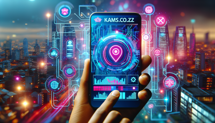 Futuristic app interface on smartphone with "kams.co.za" logo, against bustling South African city backdrop.