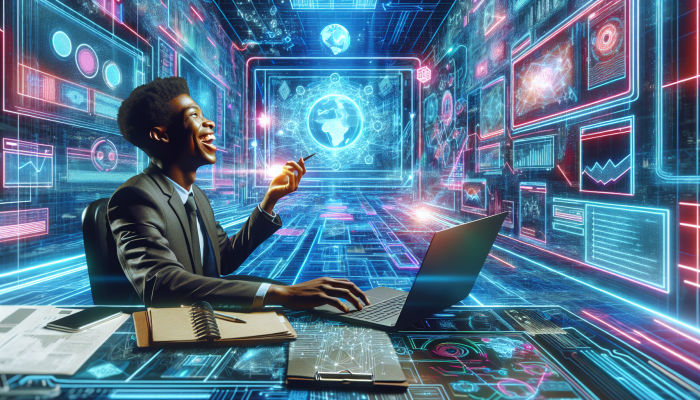 Young entrepreneur launching vibrant website on laptop, symbolizing domain advantage in South Africa's digital market.