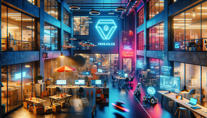 Vibrant tech startup office in Cape Town with 'revs.co.za' logo, symbolizing speed and innovation.