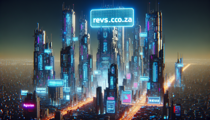 Futuristic cityscape with "revs.co.za" on digital billboards, symbolizing limitless opportunities and digital ambition.