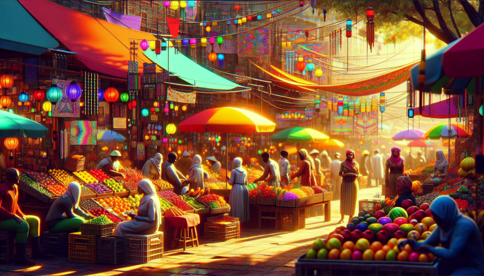 South African market with vendors selling crafts, fruits, and traditional foods under sunny sky.