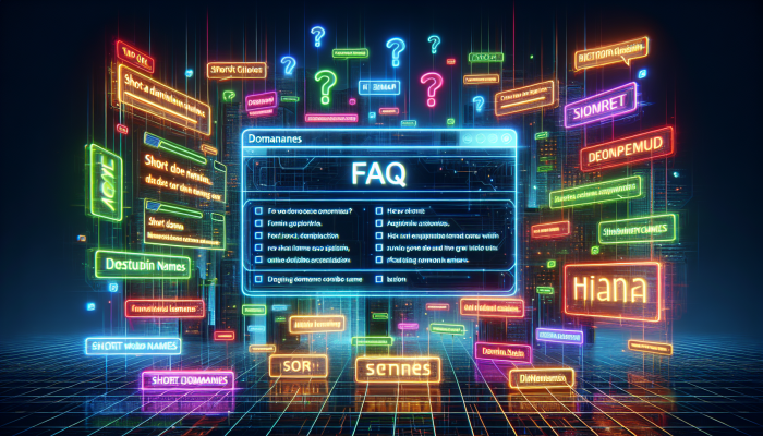 Colorful FAQ page with floating short domain names, engaging and clear text design.