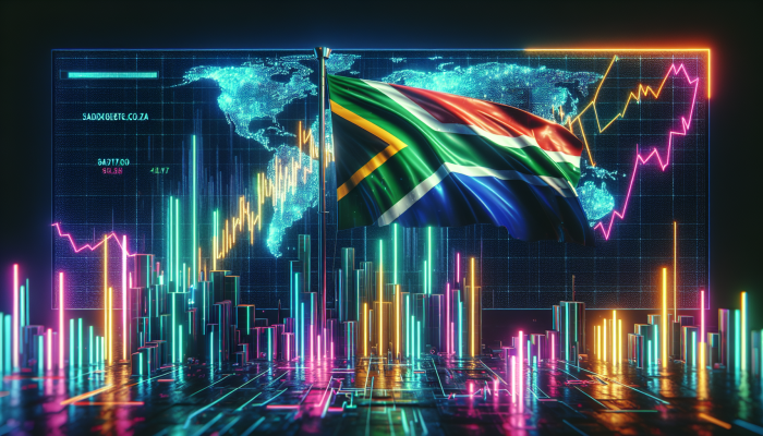 South African flag over digital stock graph, 'stox.co.za' on modern billboard.