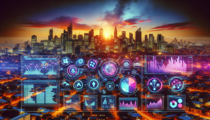Digital hub interface with financial tools and charts, South African urban skyline background.
