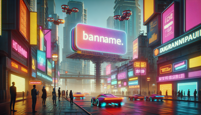 "Vibrant billboard displaying short domain name in bustling cityscape, boosting brand visibility."