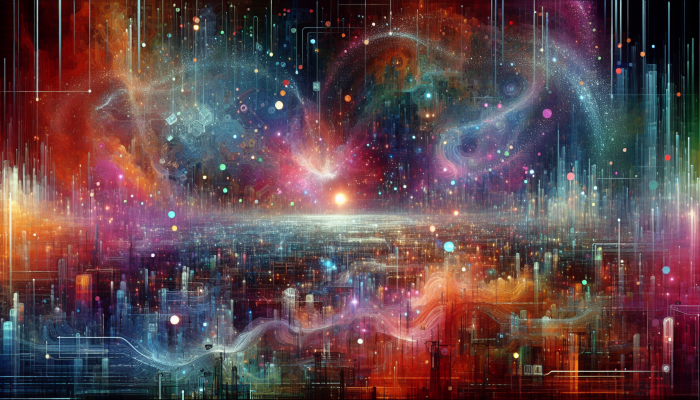 Vibrant abstract digital landscape with glowing short domain names amidst colorful swirling data streams.