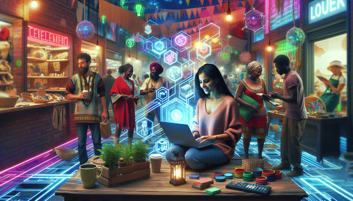 Entrepreneur on laptop launching e-commerce with artisans and eco-products in vibrant South African market.
