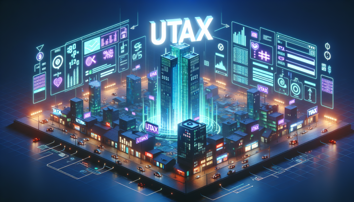 Futuristic digital landscape with illuminated "utax.co.za" sign, bustling e-commerce, symbolizing strategic investment and growth.