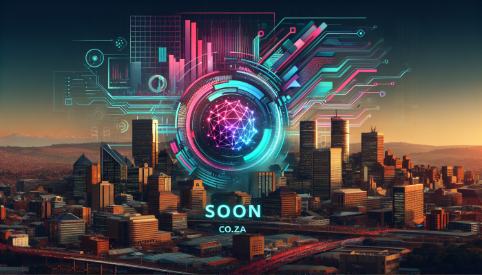 "soon.co.za logo on Johannesburg skyline, representing tech innovation."