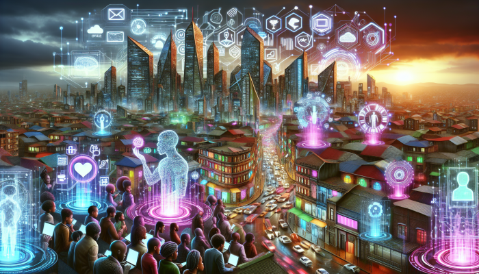 South African cityscape with tech-savvy citizens using digital devices amidst modern infrastructure and online symbols.