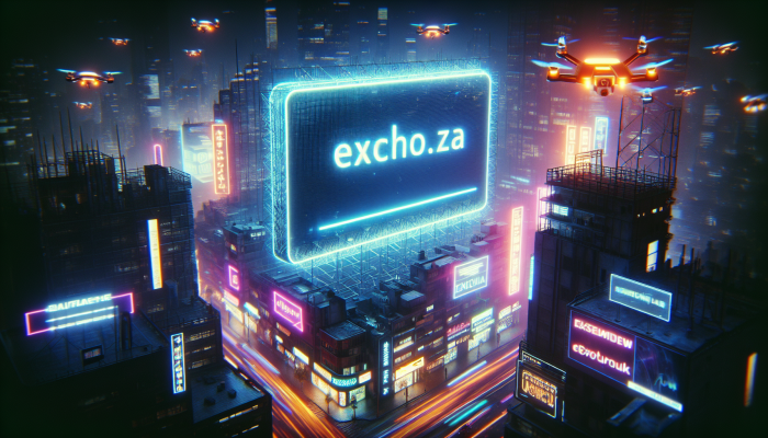 "exch.co.za glowing on digital billboard in bustling city nightscape."