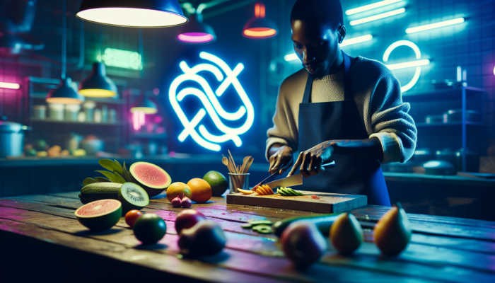 South African chef preparing vibrant dishes, chocs.co.za logo visible, stylish design.