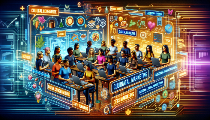 Digital platform interface with culinary and marketing courses, diverse learners interacting.