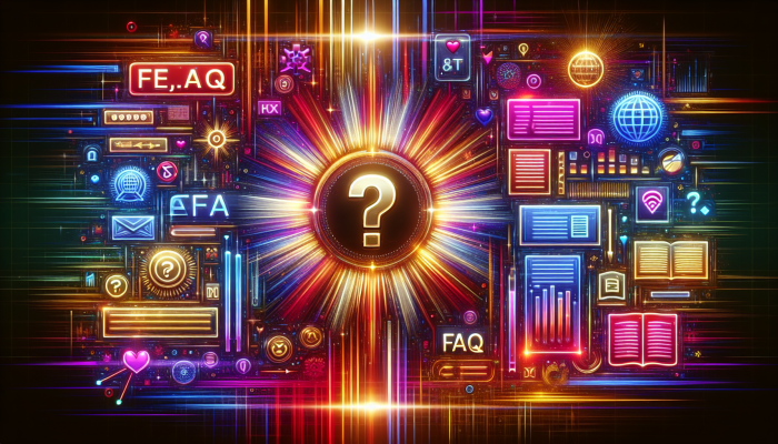Glowing FAQ icon surrounded by colorful abstract domain names and values.