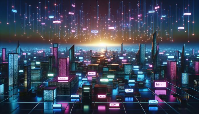 Glowing digital landscape with vibrant domain names floating like gems in a neon-lit sky.