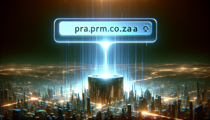 "pram.co.za" glowing as a digital beacon in Johannesburg's ocean, enhancing branding and adaptability.